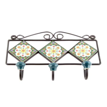 Forest Green White Floral Tiles Hook